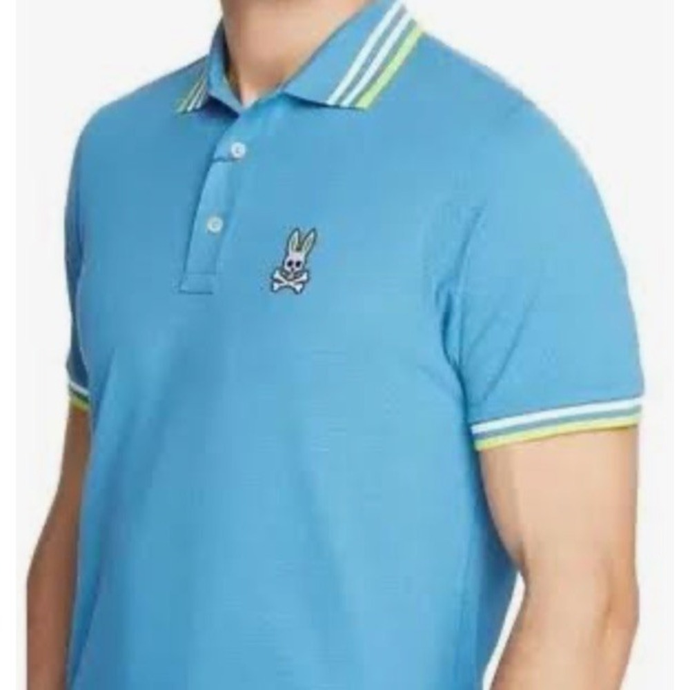 Psycho Bunny Polo Shirt Blue Tipped Collar Pima Cotton Pique Boys 14-16 Large